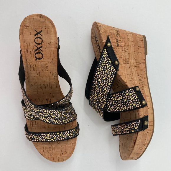 XOXO Benji Studs Cross Strap Metallic Cork Wedge Slide-on Sandals - Picture 7 of 11